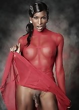 Black Natassia posing in red dress